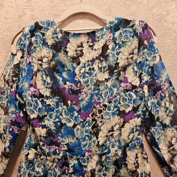 NWT JustFab Dress Womens XS Floral Bright Colorful Side Zip Black Lace Hi Lo Hem - Picture 6 of 16